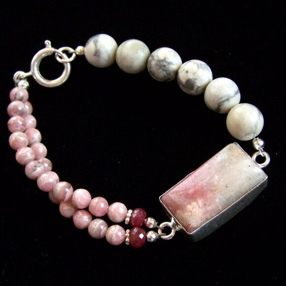 OAK RHODOCHROSITE RUBY JASPER RHODONITE 925 Sterling silver Bracelet Asymmetric - Picture 10 of 10
